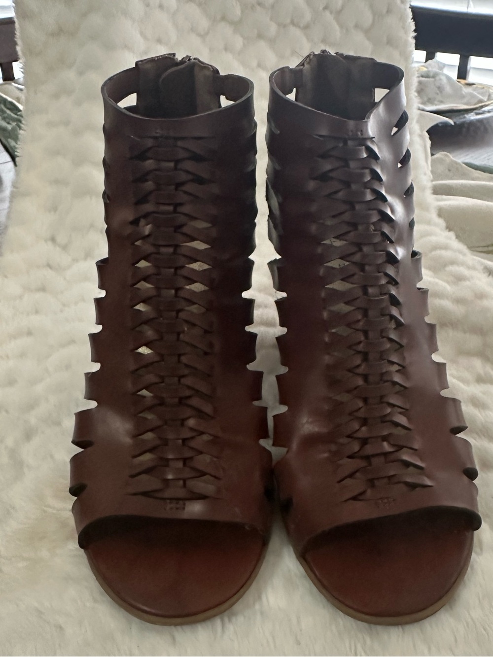 Indigo Brown Woven Leather Peep-Toe Ankle Heels
